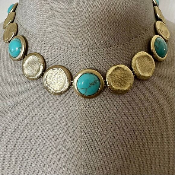 Gold Tone Disc & Turquoise Statement Choker Necklace - Picture 1 of 7